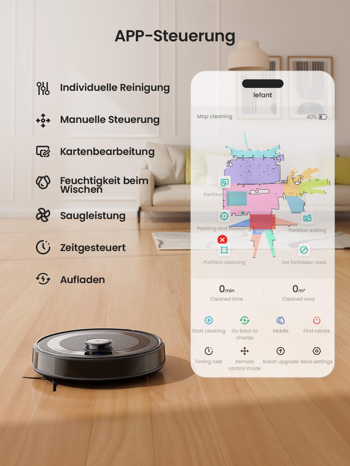 Lefant M2 Saugroboter Mit Wischfunktion, Staubsauger Roboter 6000 Pa Saugkraft, Laser-Navigation, PSD-Vermeidungstechnologie, Laufzeit von 240 Minuten, Roboterstaubsauger mit APP Steuerung