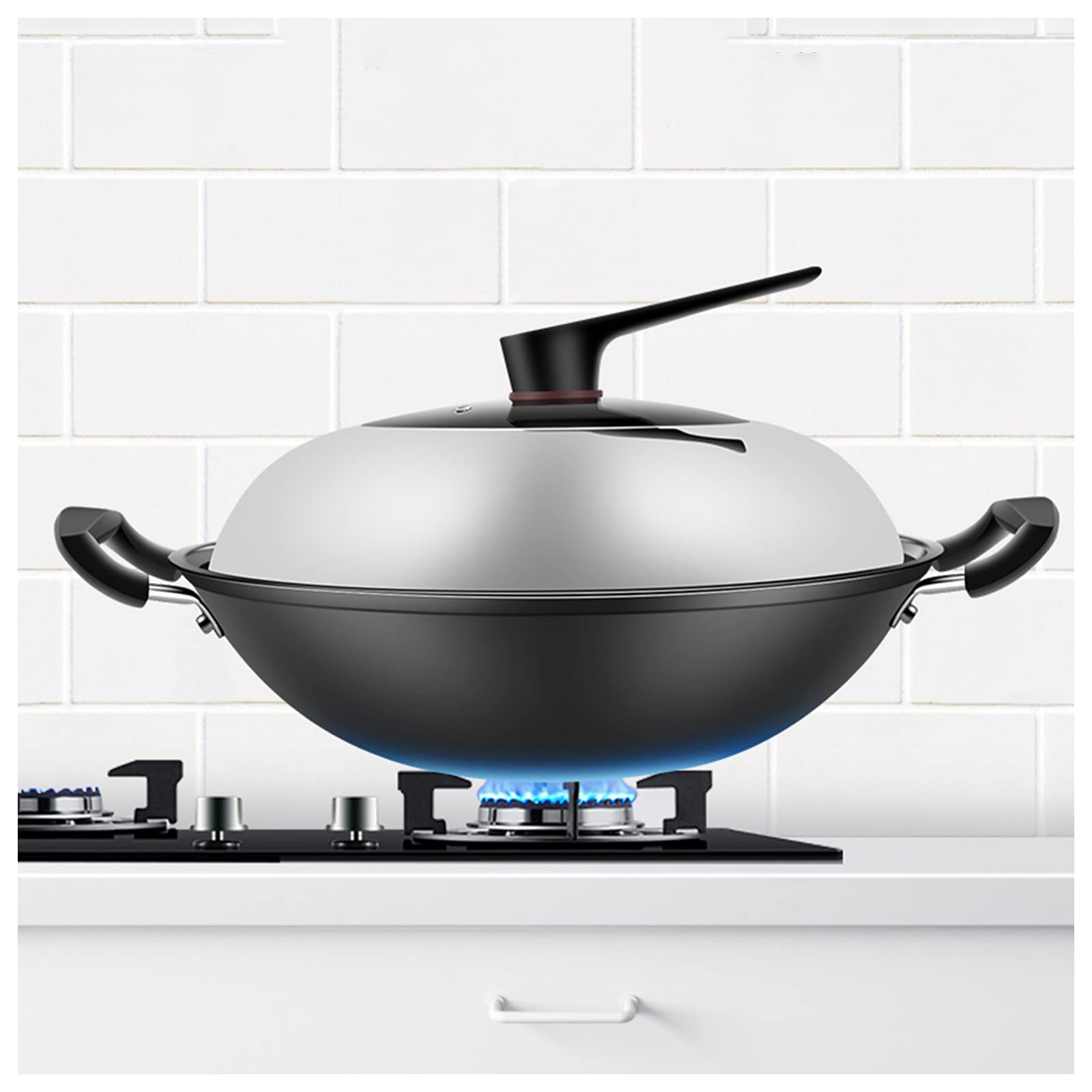 AIZYR Wok De Hierro De Fondo Plano para El Hogar con Mango De Madera Y Tapa De Vidrio para Estufas Eléctricas, De Inducción Y De Gas,42cm