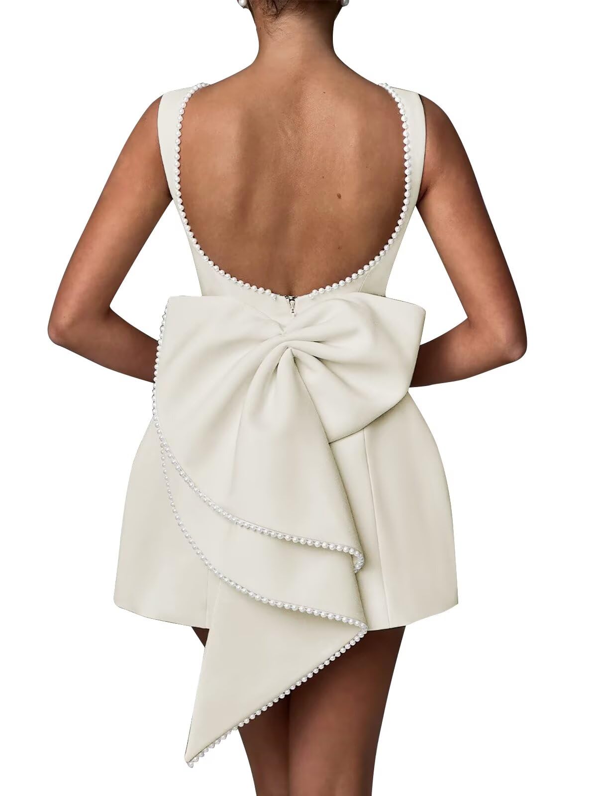 petyoo Satin Pearl Homecoming Dresses with Bow Short Wedding Dress Cocktail Party Gown