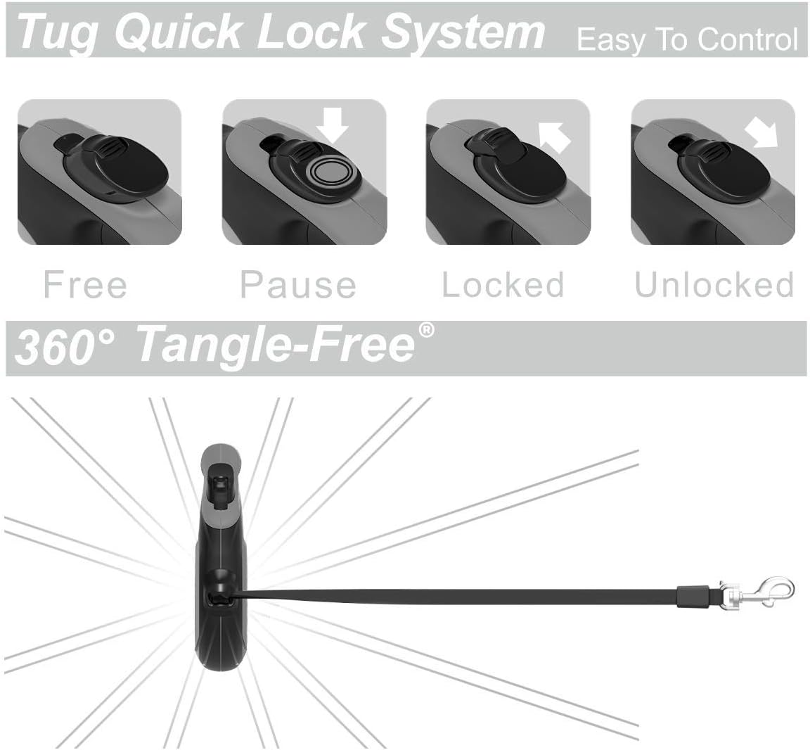 TUG 360° Tangle-Free Retractable Dog Leash with Anti-Slip Handle | 16 ft Strong Nylon Tape | One-Handed Brake, Pause, Lock (Large, Grey)