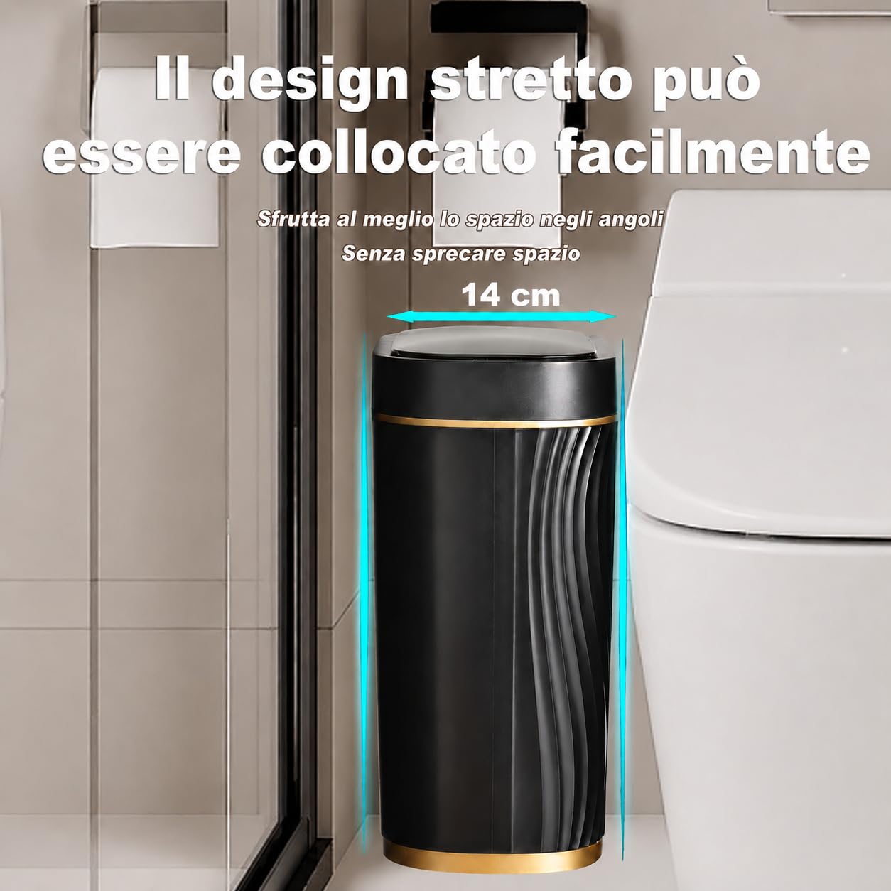 Pattumiera Automatica con Sensore 8 L - Cestino Elettrico con Coperchio per Cucina e Bagno - Impermeabile / Anti-odore per Ufficio, WC - Pattumiera Nera Silenziosa (Nero)