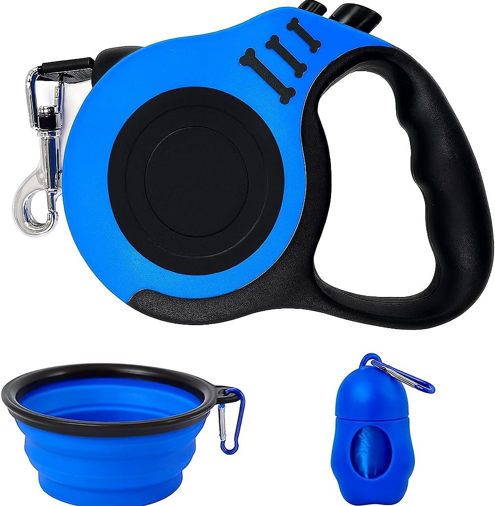 4-in-1 Retractable Canine Leash Set Contains Waste Bag Dispenser, Refill Baggage & Collapsible Water Bowl Heavy Responsibility Nylon Leash with One-Hand Lock, Anti-Slip Grip for Small to Medium Pets (Blue)
