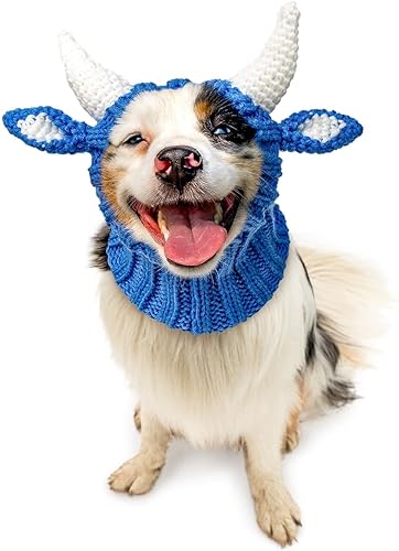 Zoo Snoods Disfraz de buey azul – Manta de punto cálido para perro para mascotas, protección para cuello y orejas para Halloween e invierno (talla M)
