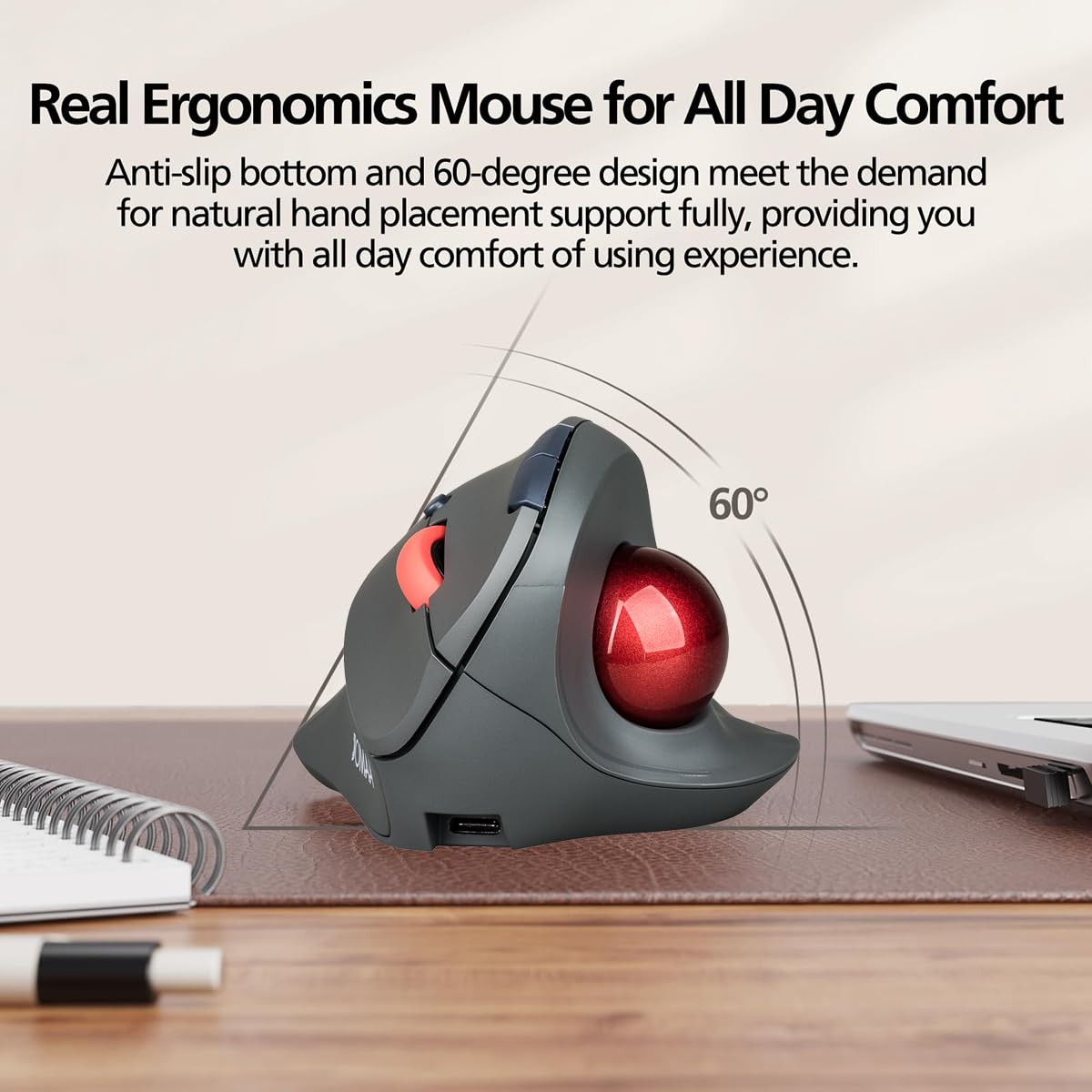 Mouse trackball verticale wireless a doppia modalità, mouse ergonomico Bluetooth con controllo del pollice con clic silenziosi, design ergonomico CPI regolabile, batteria integrata da 500 mAh