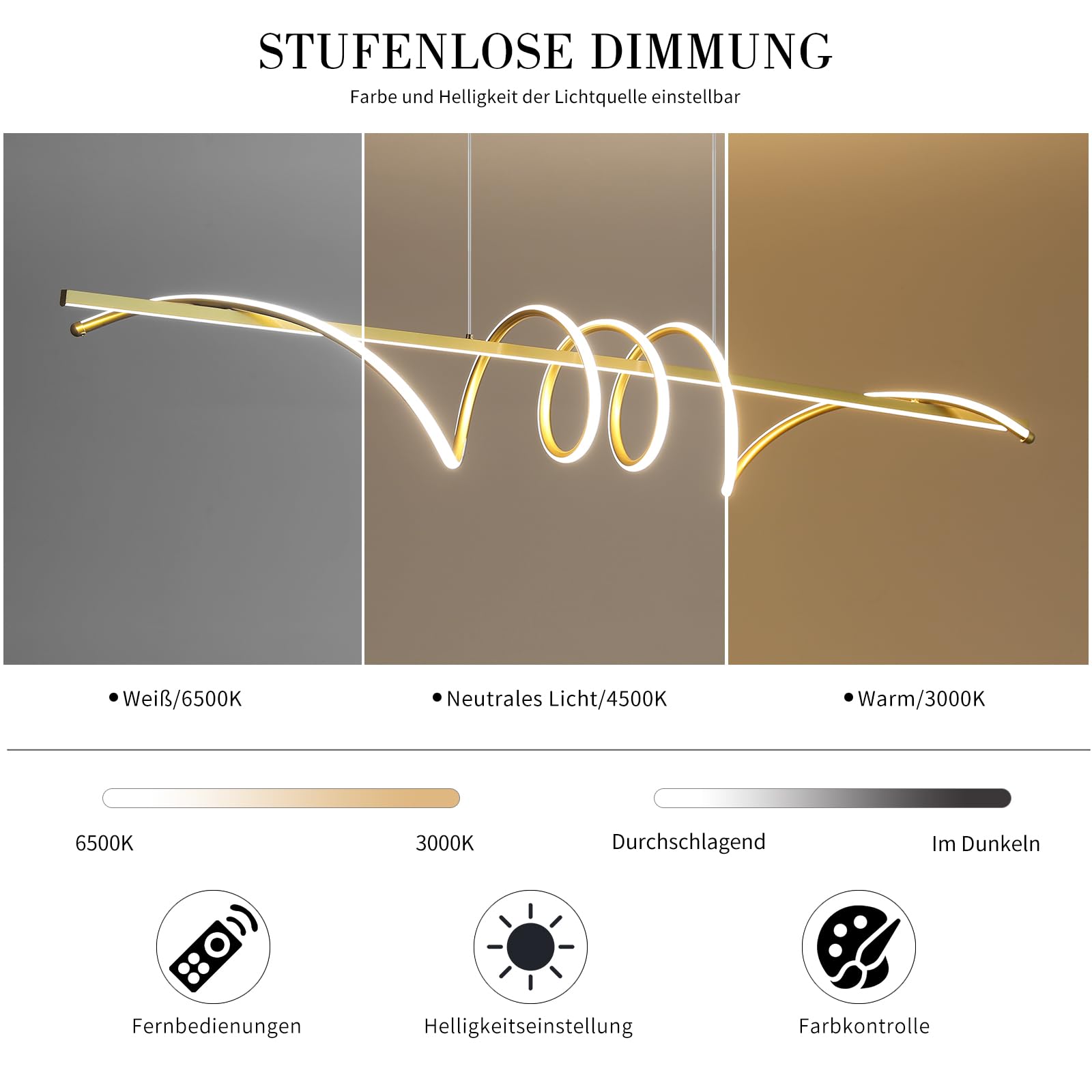 Mikeru Ampoule Spirale Dorée De 150cm, Lumières Pour Table De Billard 3000K/4500K/6500K, 10% à 100% Dimmable, Lampes à Suspension Réglables En Hauteur LED Modernes Avec Fonction De Mémoire