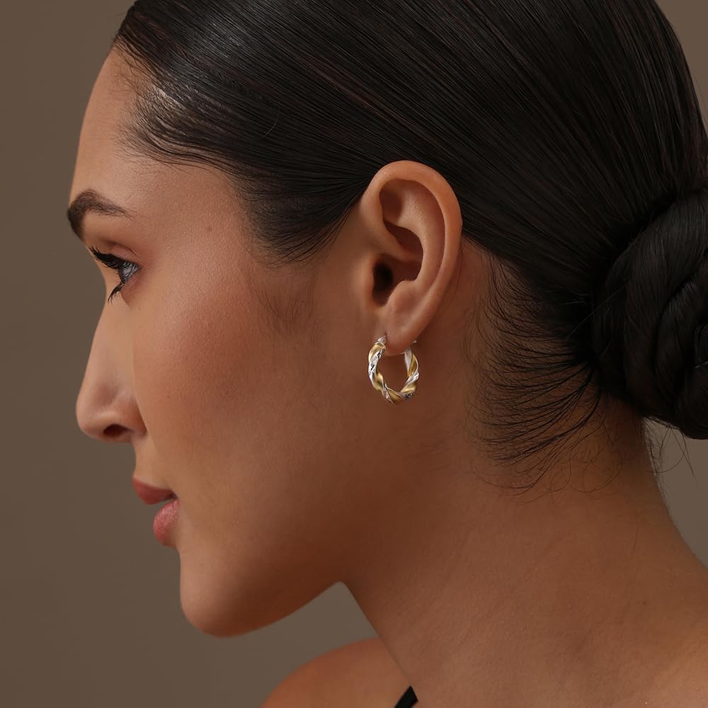 Charmsy 925 Sterling Silver Two-Tone Three-Tone Hoop Earrings for Women| 14K Gold-Plated Lightweight Round Shape Diamond-Cut Twisted Earring Hoops (20, 25, 30, 40, 45, 50MM) - Image 2