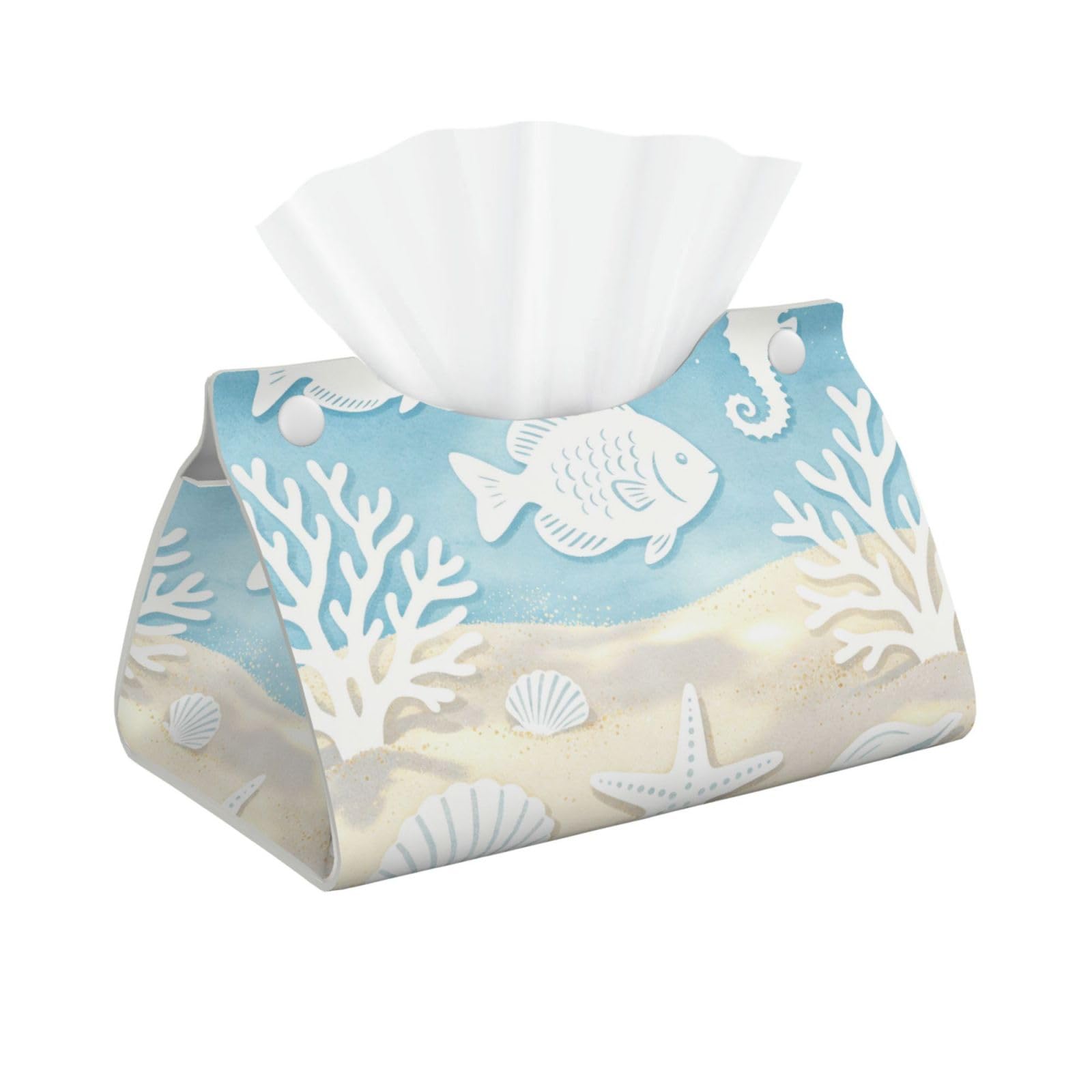 Shell Coral Print Long Leather Tissue Box Cover-Waterproof PU Leather Tissue Holder for Bathroom, Decorative Rectangular Tissue Case