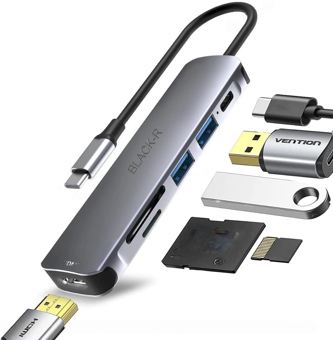 - Black-R Amazon Black-R USB-C Hub 6-in-1 Aluminium Type-C Adapter with 4K HDMI Port, 2X USB 3.0 Port, USB-C Power Delivery, TF/SD Card Reader, Mac & Windows USB-C Devices