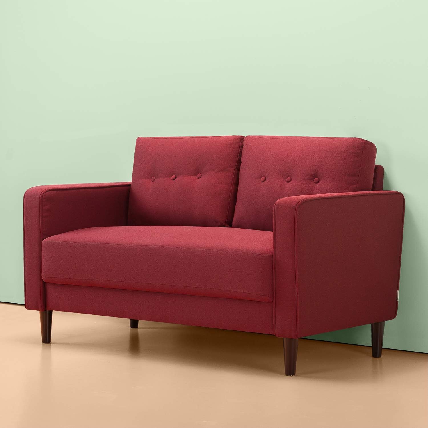 ZINUS Mikhail Loveseat Sofa | Mid-Century | Easy, Tool-Free Assembly | Button Tufted Cushions | Tapered Legs | Sofa-in-a-Box | Ruby Red, 2-Seater