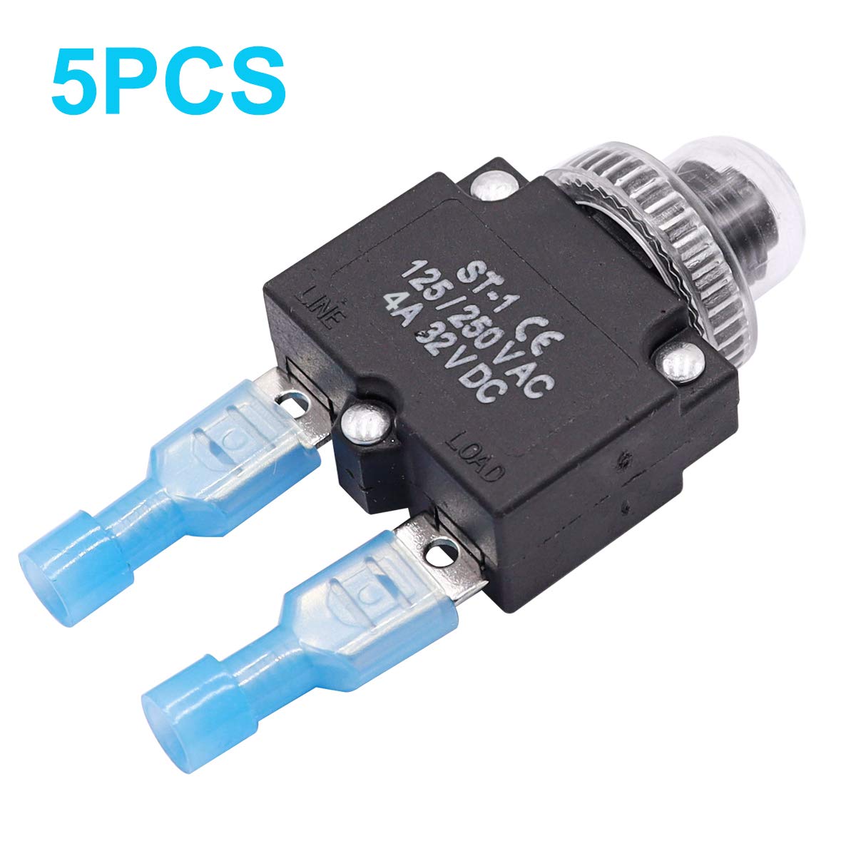 Mxuteuk 5-Pack 4A Push Button Circuit Breakers – Manual Reset Thermal Overload Protectors, 125/250V AC & 32V DC, With Waterproof Caps & Quick Connect Terminals