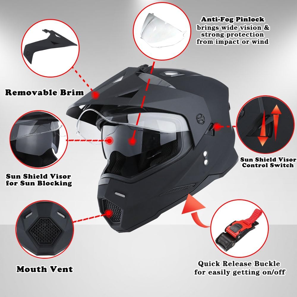 1Storm Youth Kids Dual Sport Dual Visor Motorcycle Motocross Off Road Full Face Helmet Matt Black