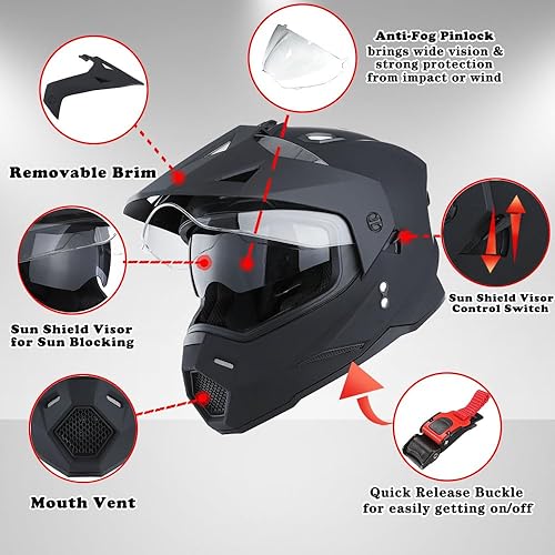 Miniatura 3 de 1Storm Casco integral de doble visera para niños, para motocicleta, motocross, todoterreno, color negro mate