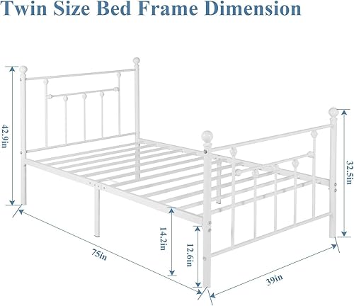 Miniatura 9 de VECELO Base de cama de plataforma de metal tamaño individual con cabecero y estribo, soporte de listones de acero resistente, base de colchón no