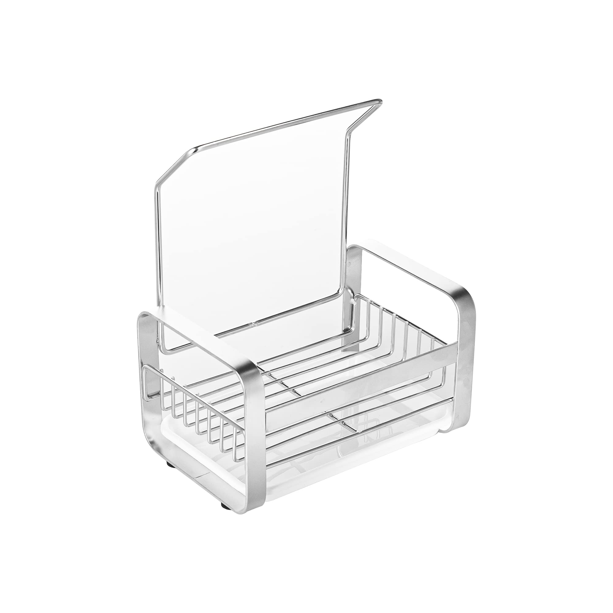 iTrendKitchen Caddy Sink Organiser - With Plastic Drain Tray and Handy Bar for Cloths - Stainless Steel Sponge Holder - Washing up Caddy - Sink Caddy with Drain Tray for Kitchen Bathroom (Silver)