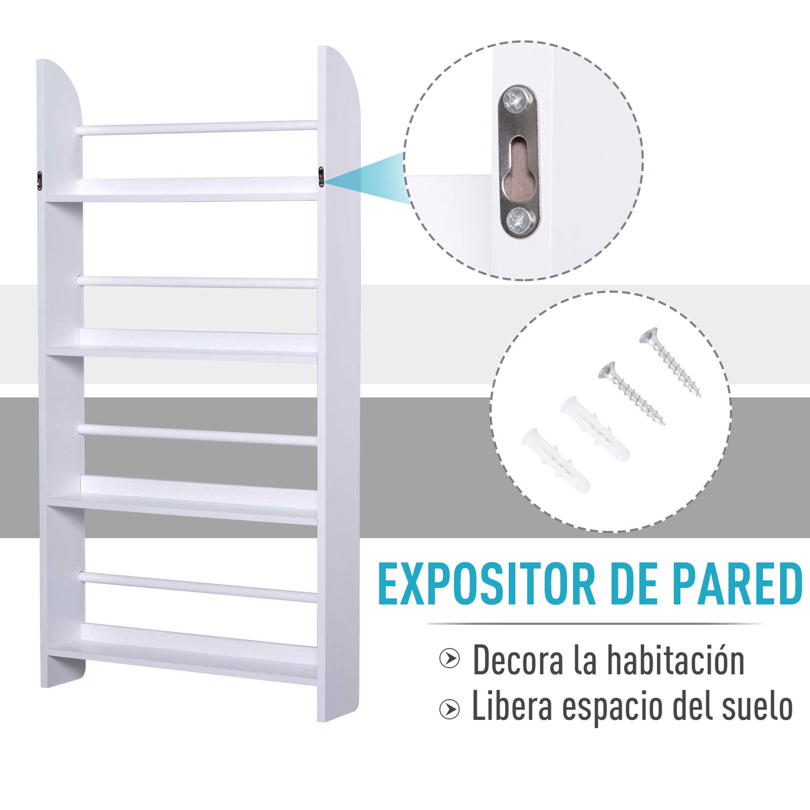 HOMCOM Estantería de Pared de Libros con 4 Estantes Librería Infantil para Hogar Oficina Carga 30kg 59x12x113 cm Blanco
