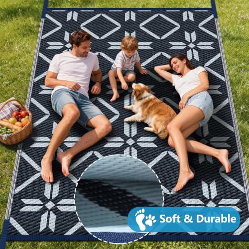 Image of Kohree Outdoor Rug, Diamond Flower, 9x12 ft, Blue | Waterproof, Reversible, Non-Slip, Foldable, Easy Cleaning and Carry for Patio, Camping, Picnic, Backyard