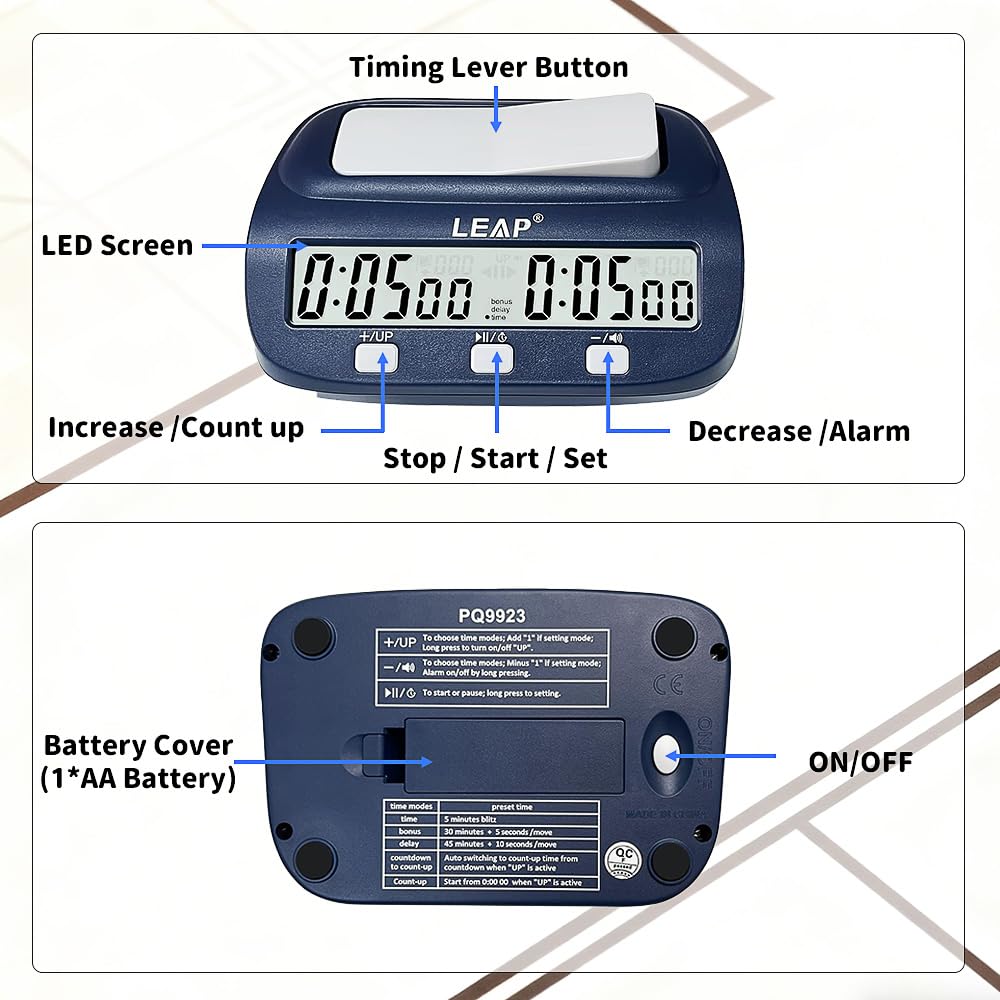 Orologio da Scacchi, Professionale Timer Scacchi con Display, Conteggio Alla Rovescia/Bonus/Ritardo, 3 Pulsanti di Controllo, Design da Competizione Timer per Tornei e Giochi da Tavolo (Blu)