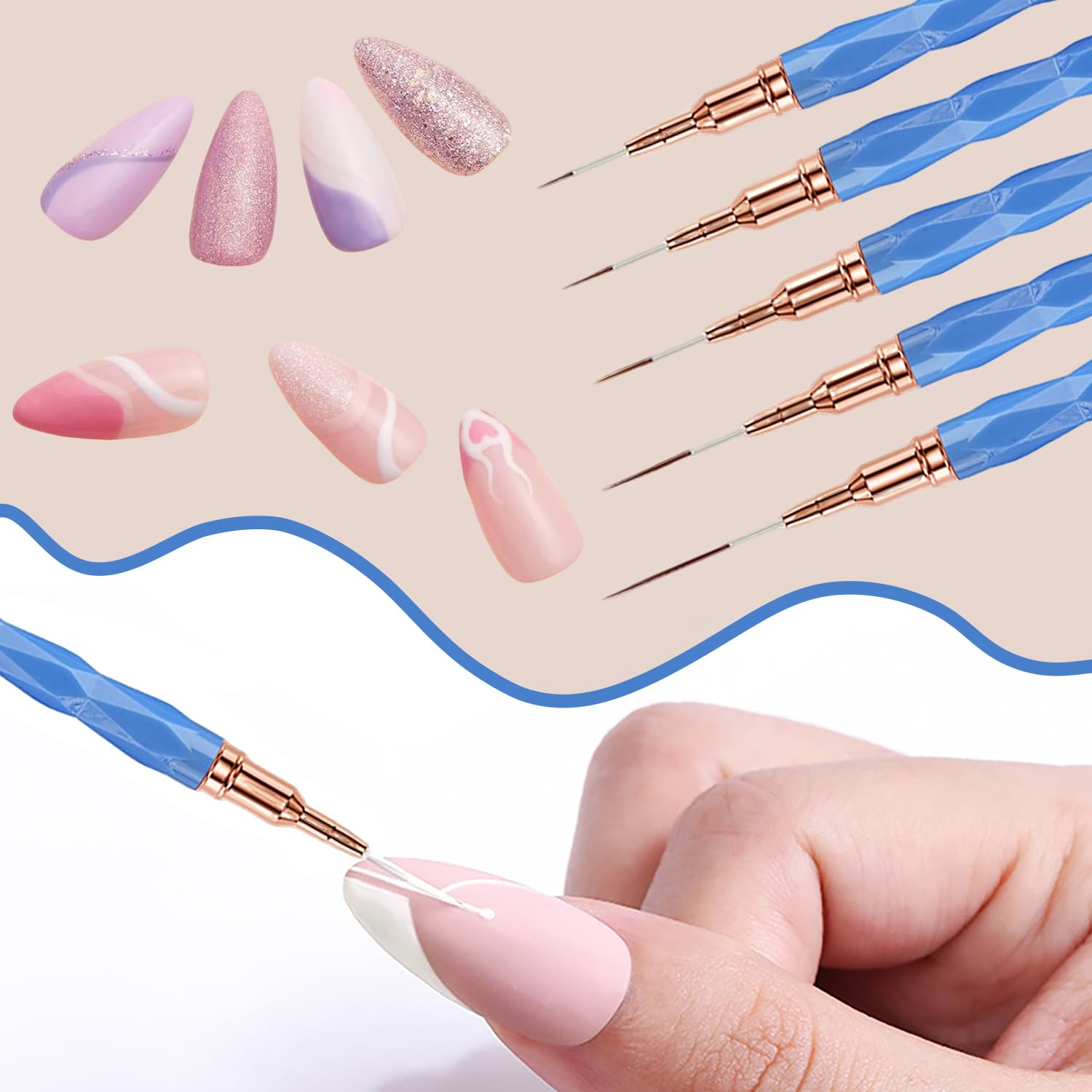Pennelli per Nail Art, 5 Pezzi Pennelli Liner di Precisione, Pennelli per Unghie per Disegnare Linee Fini Attrezzo per gel UV Disegno Fodera Unghie Strumenti Manicure,Blu
