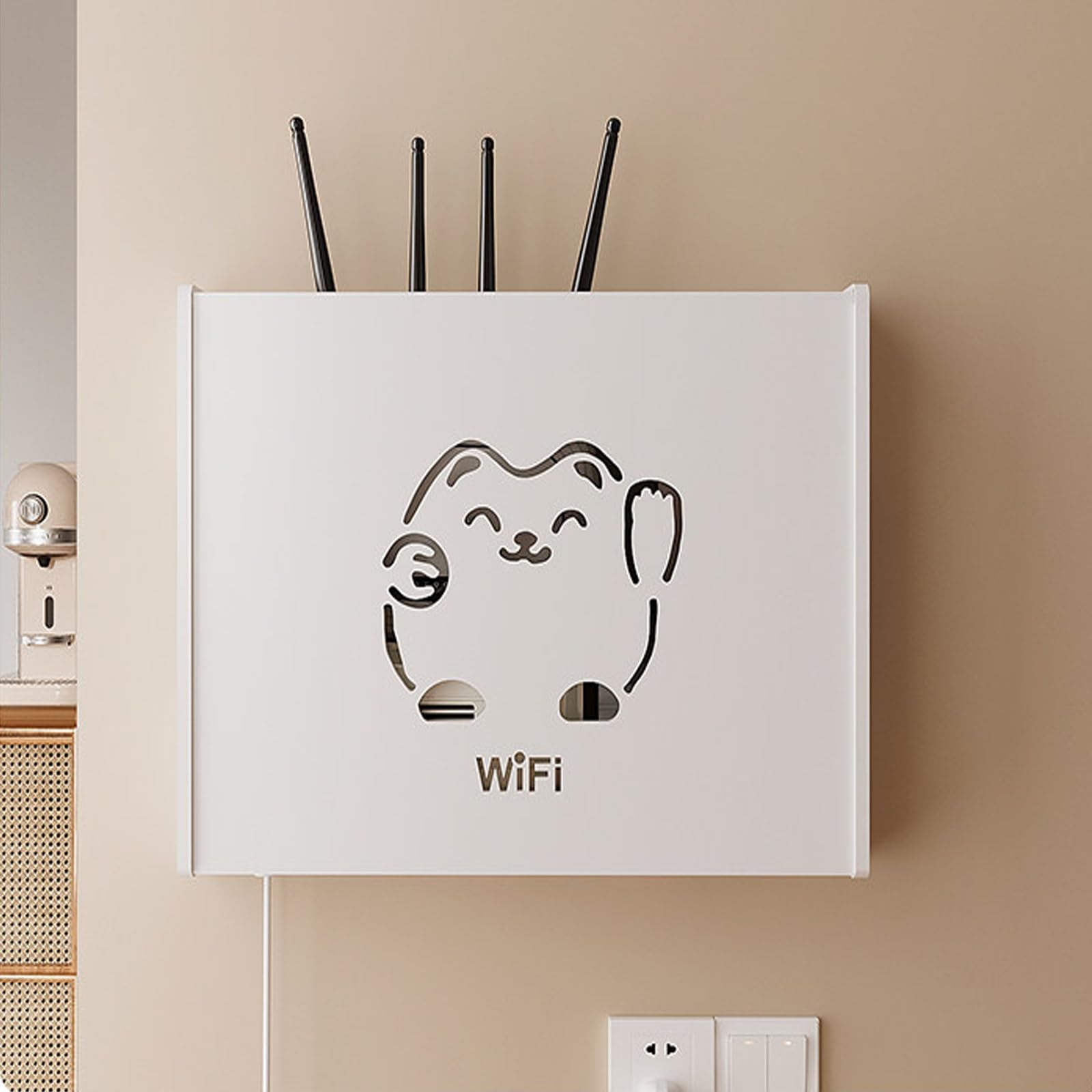 Support Mural pour Routeur, Rangement Box Internet avec Design Chat Porte-Bonheur, Cache Modem WiFi pour Gestion des Câbles, Blanc(18.9"x 3.74"x14.96")