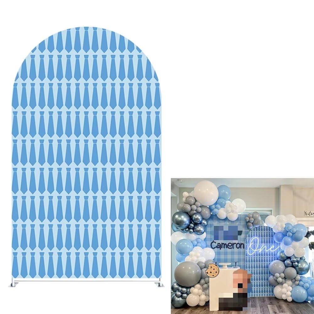 Ellteecz Father Blue Necktie Boss Patterns Arch Backdrop Stretchy Fabric Cover for Boys Kids Birthday Party Arched Background Stand Covers Baby Shower