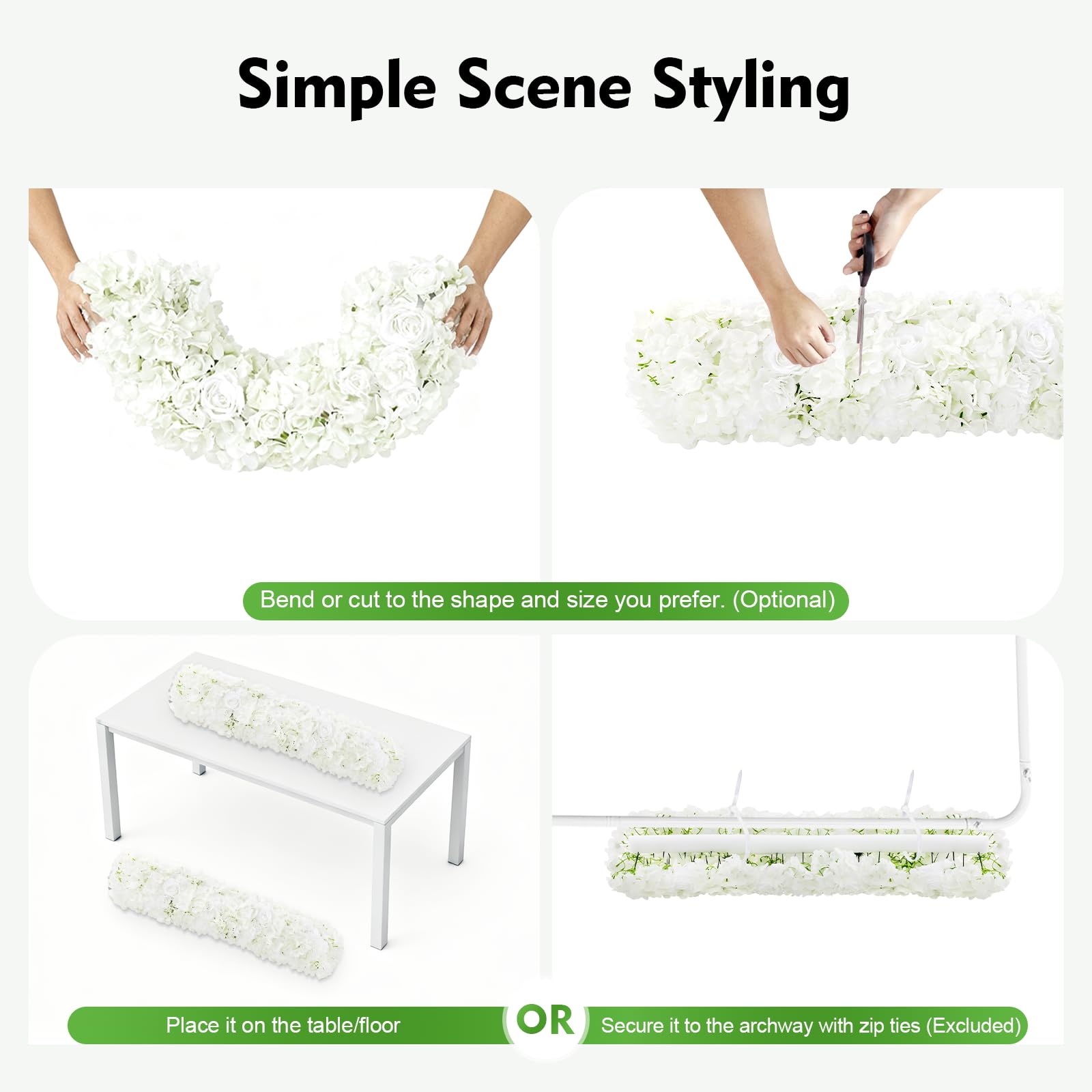 100x25cm Künstliche Seidenblumenreihe weiß aus Seide & Perlenwatte formbar realistisch pflegefrei gemischte Blüten innen außen für Hochzeit Party Restaurant Treppe Bogen Schaufenster