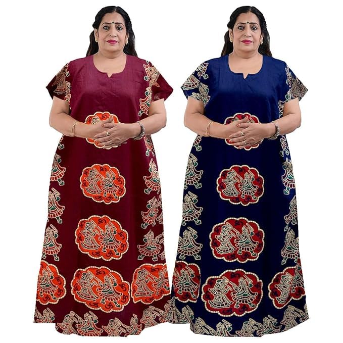 Women's Plus Size Cotton Floral Maxi Nighty – 100% Cotton Nightwear Gown with Round Neck, Full Length – Pack of 2-image-19