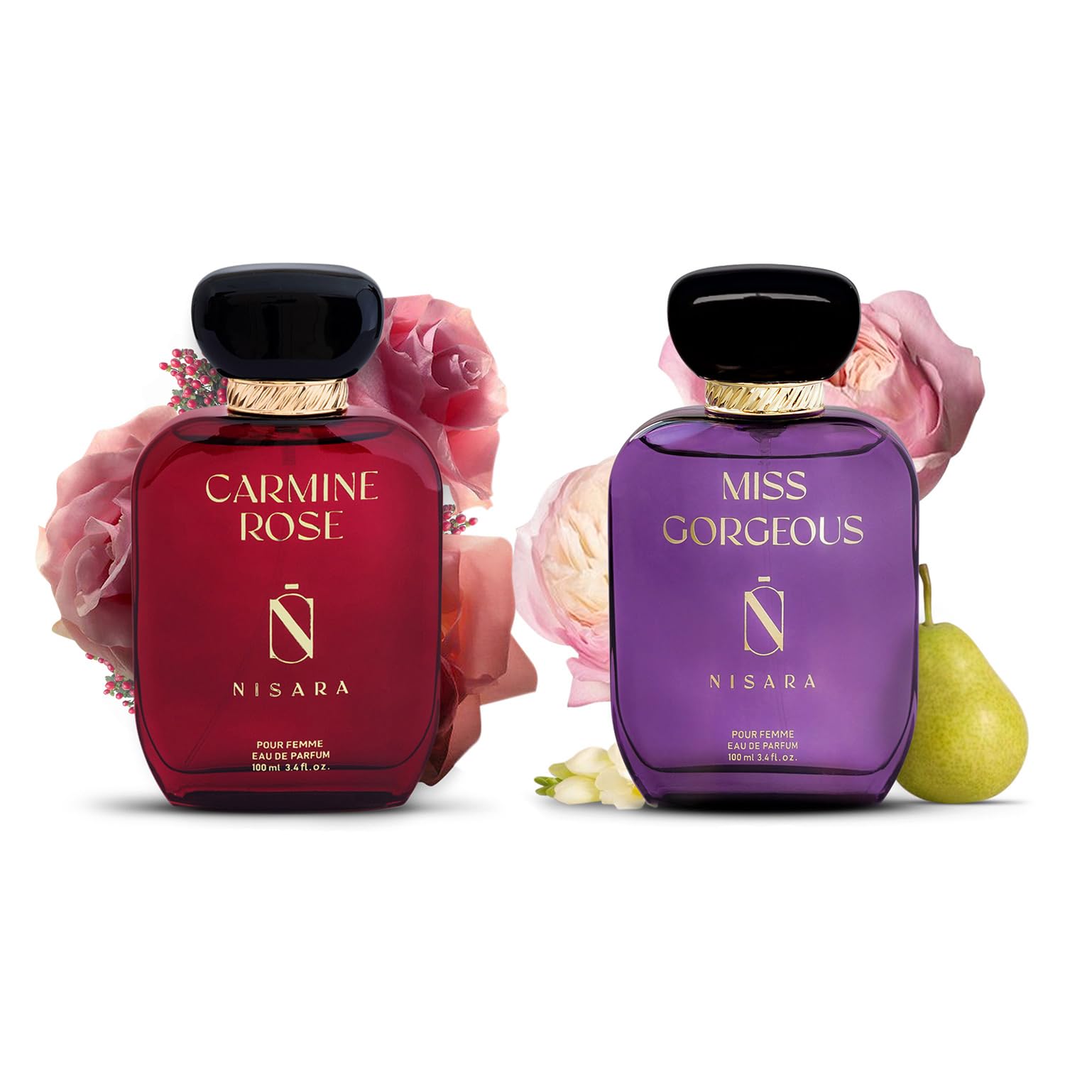 Nisara Carmine Rose & Miss Gorgeous Eau De Perfume 100ml X 2 - Long-lasting with Bergamot, Pear, Rose. Pink Pepper, Jasmine, Musk |Long Lasting Eau De Parfum | Floral Musk | EDP Scent spray for Woman | Premium Perfume For Her