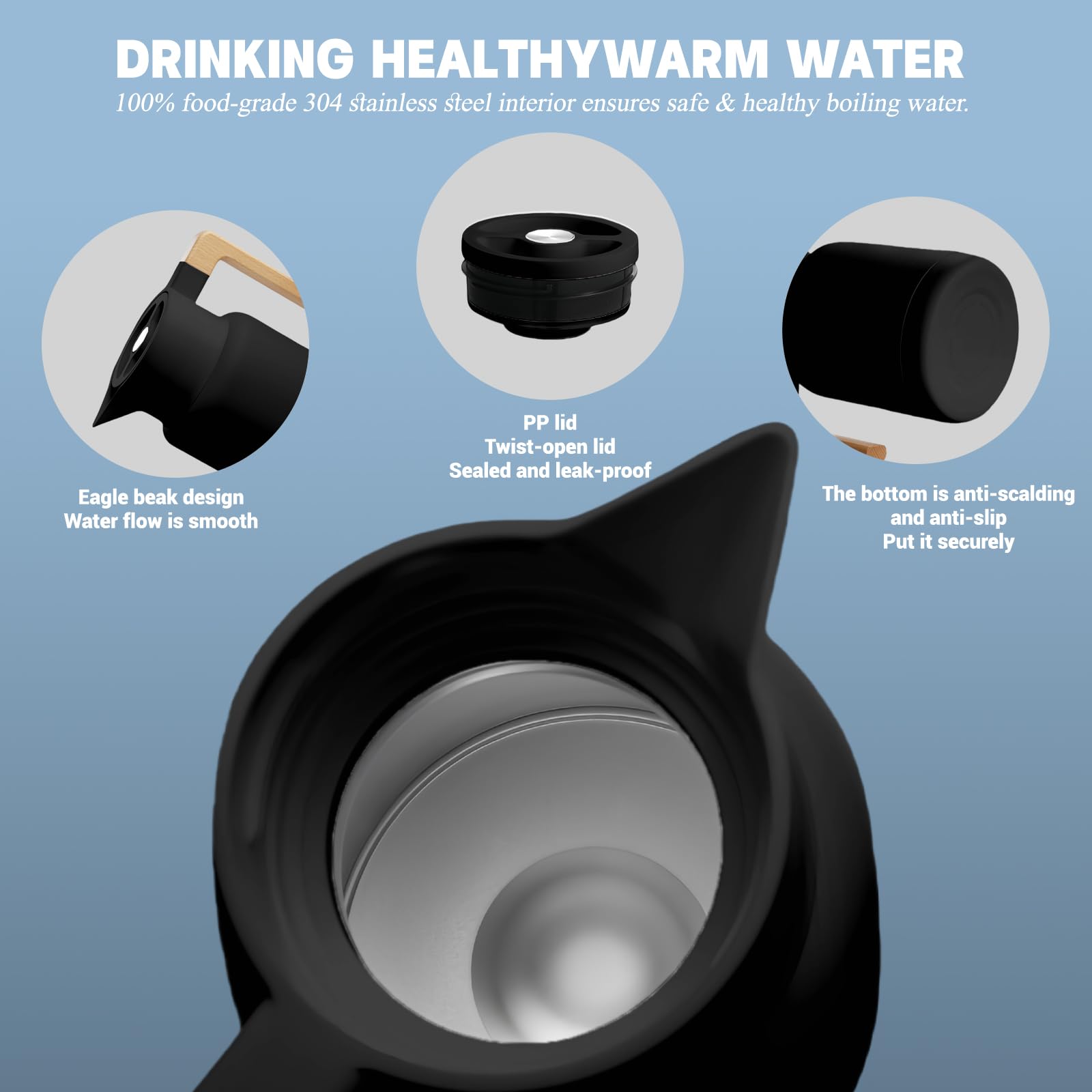 Pichet Isotherme, Thermos Sous Vide Isolé, Carafe À Café Thermique En Acier Inoxydable, Manche En Bois, Pour Le Café Au Thé Chaud Et Froid, Cuisine, Bureau, Hôtel (Noir,1300ml)