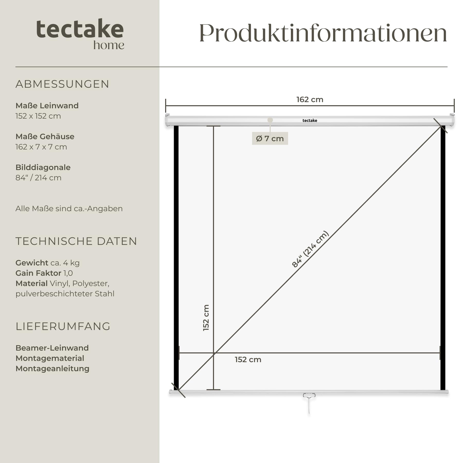 tectake® Beamer Leinwand, 152 x 152 cm (84"), 4:3-Format, ausziehbar, optimiert HDTV & 3D tauglich, Leinwand Rollo, Deckenmontage und Wandmontage, Projektionsleinwand, Gain Faktor 1,0