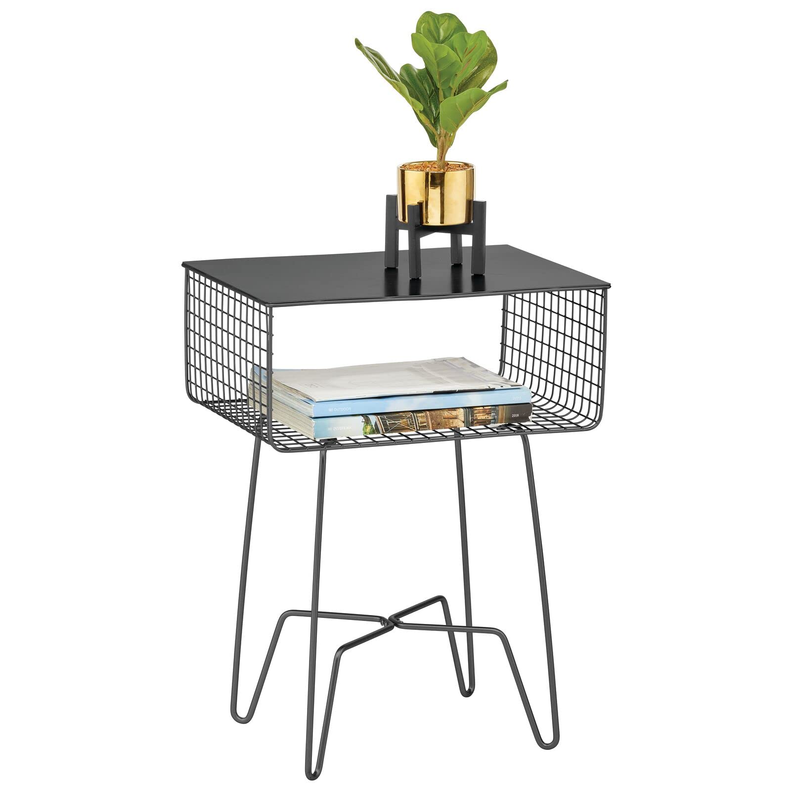 mDesign Side Table — Nightstand with Wire Shelf for Storing Books, Magazines and More — Chic Living Room Storage Table — Black