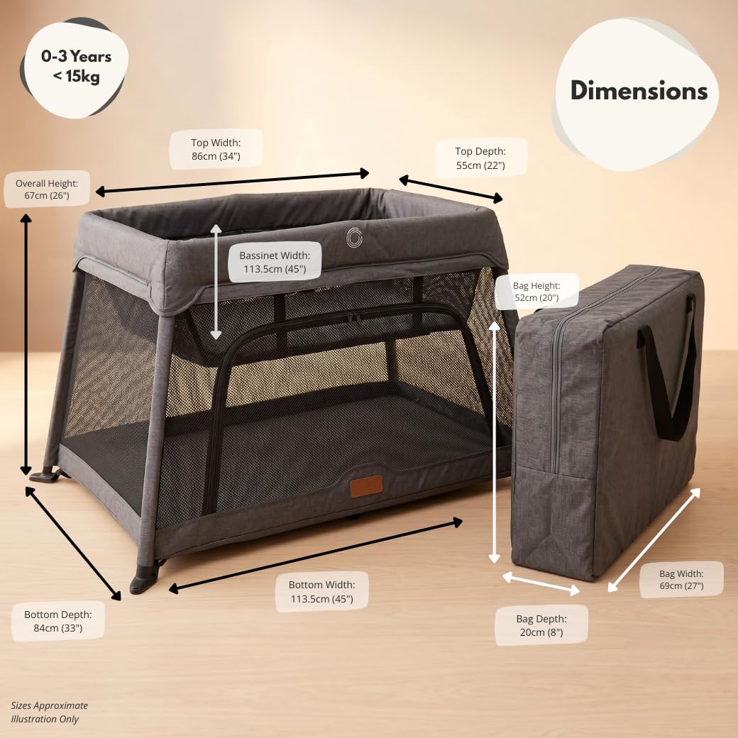 Venture Airpod Lit de voyage léger et pliable avec insert nouveau-né, matelas, sac de rangement et fonction parc - Côtés en maille respirante - Convient aux enfants de 0 à 3 ans - Gris foncé