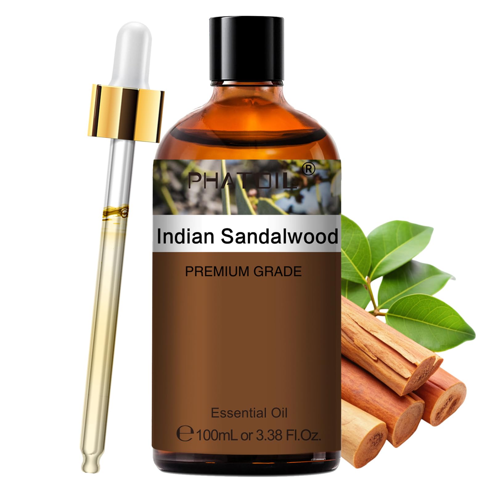 PHATOIL Indian Sandalwood Essential Oil, Pure Premium Natural Oil for Hair Care, Body Skin Care, Aromatherapy, DIY Candle, Soap Making 3.38Fl Oz
