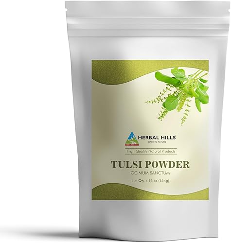 HERBAL HILLS Tulsi Powder - Polvo de hoja de albahaca sagrada | 16 onzas (454 GMS) | Té de hierbas