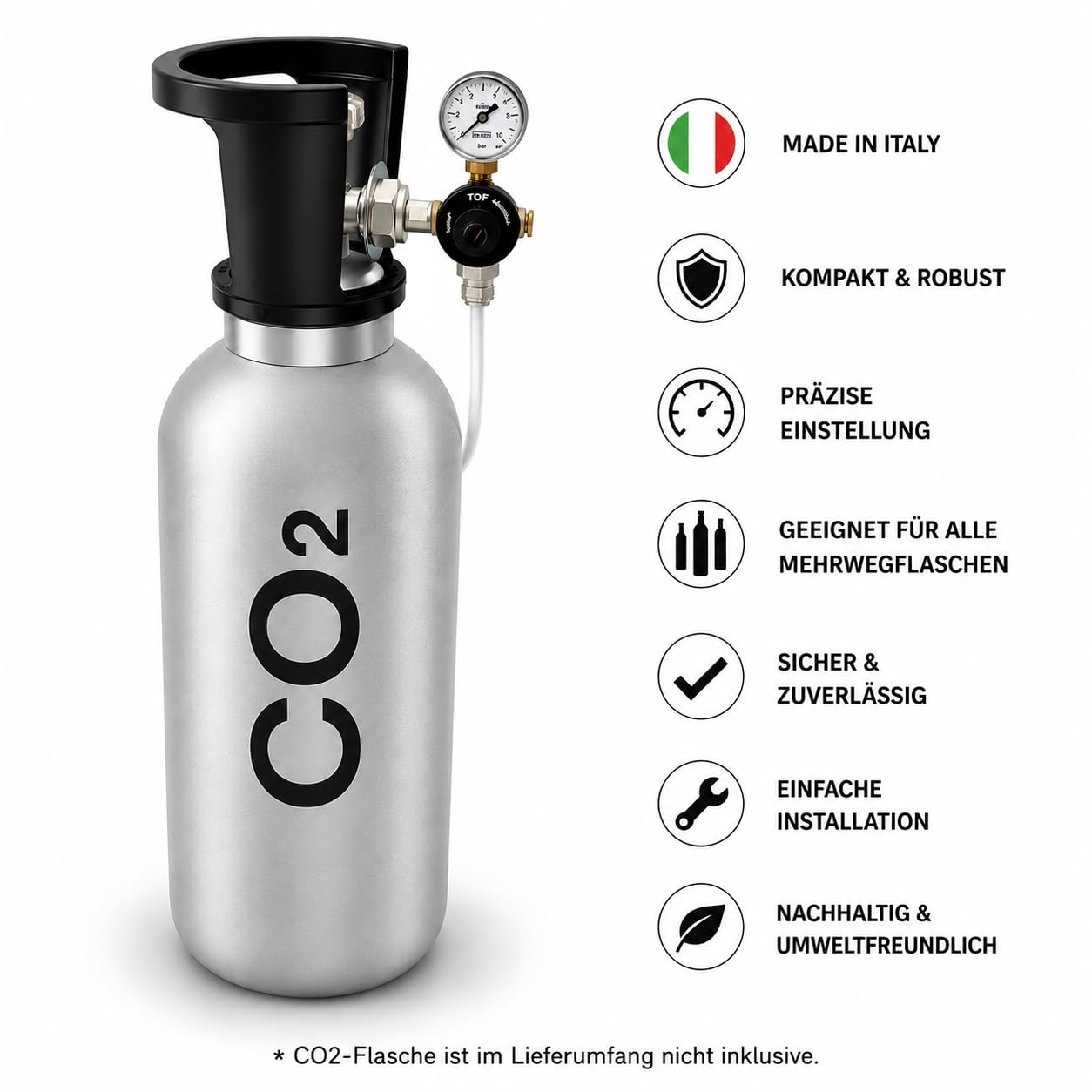 Reduktor ciśnienia CO2 do butelek wielokrotnego użytku do 5,5 bara, standard europejski, przyłącze W21,8 x 1/14" + przyłącze węża, 6 przyłączy do instalacji gazowanych, saturator wody pitnej, nadaje