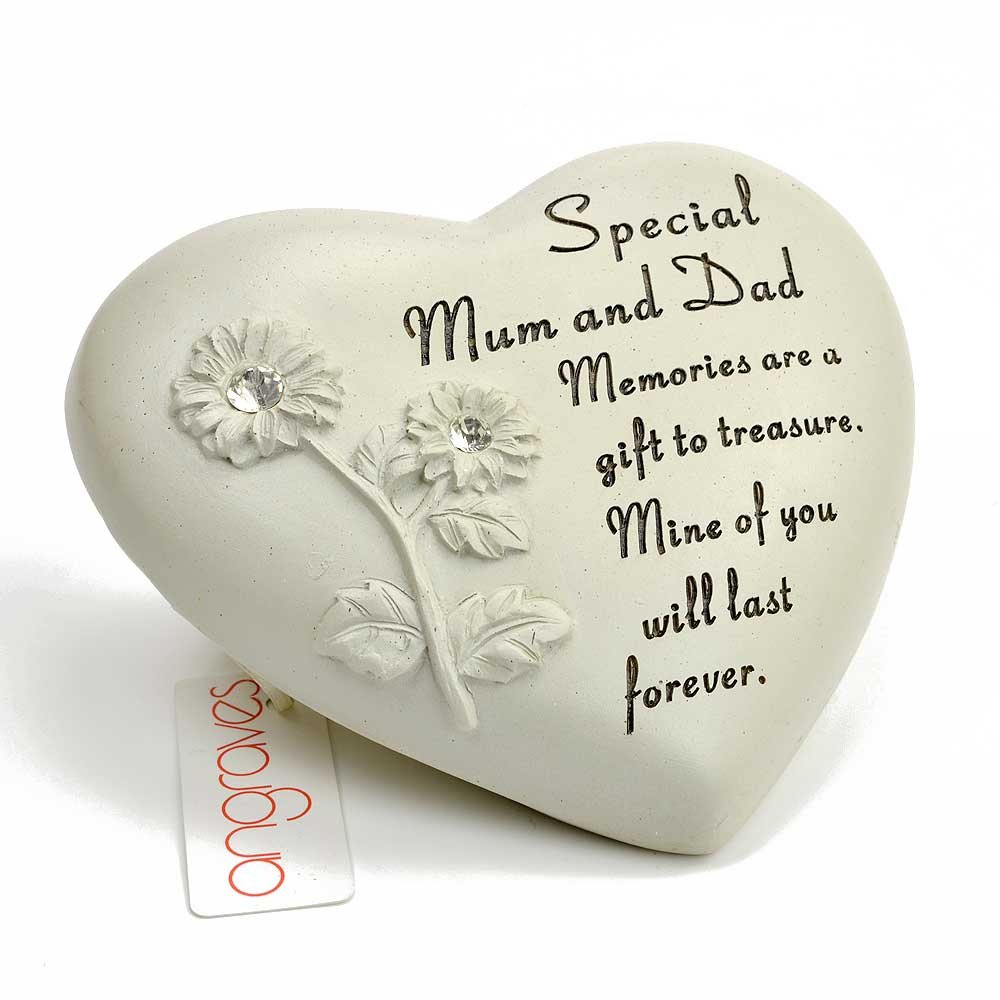 Angraves White Special Mum & Dad Flower Diamante Heart Graveside Memorial Ornament Verse Plaque