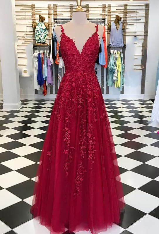 Lace Appliques Prom Dresses Tulle Long Ball Gowns Spaghetti Strap A-line V Neck Formal Dress for Women4