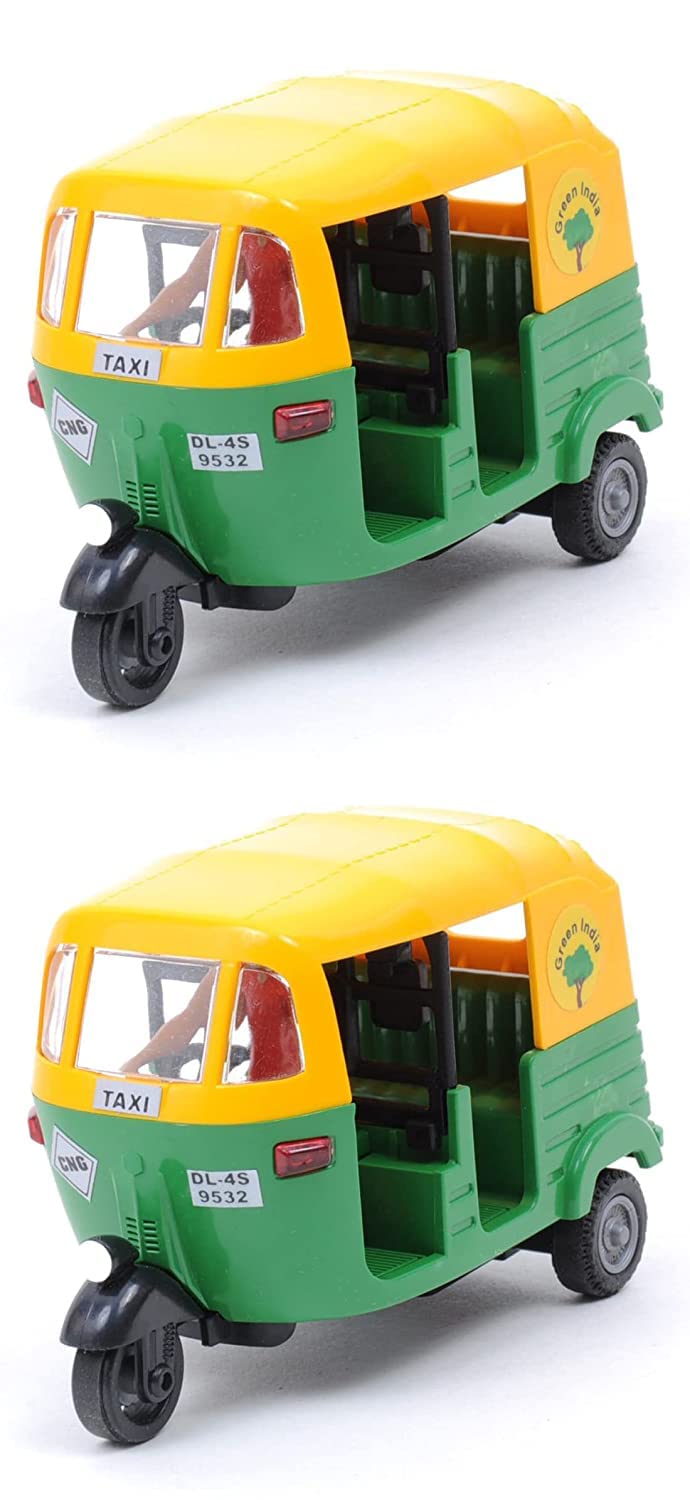 Pack of 2 Pull Back Action CNG Auto Rickshaw Toy for Kids | Classic Miniature Model Vehicle Toys Set | Friction Powered Vehicle Play Set | Ideal Gift for Kids, Boys & Girls - Multicolor