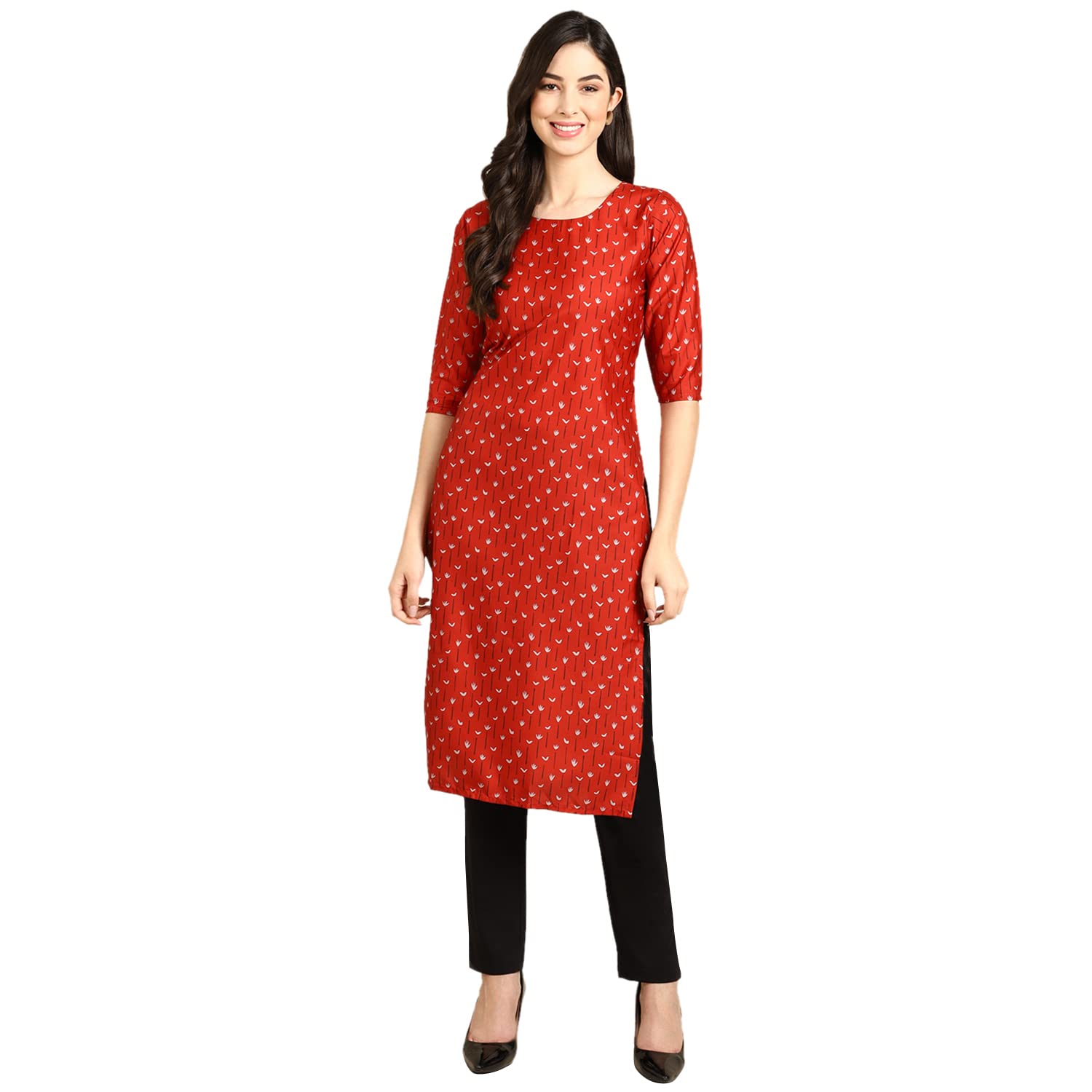 Pinkmint Women's Crepe Red Color Floral Printed Straight Kurti (R-530370_L )