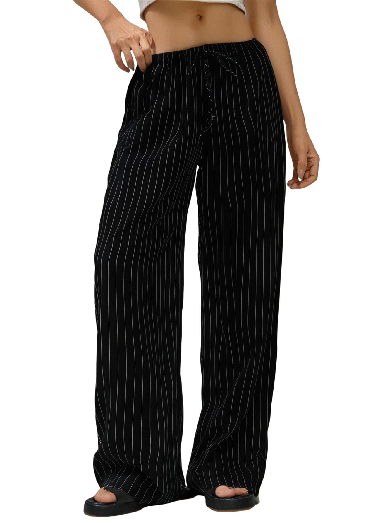 GORGLITTER Womens Wide Leg Pinstripe Pants Baggy Striped Pants Dressy Casual Drawstring Waist Trousers Lounge Pants