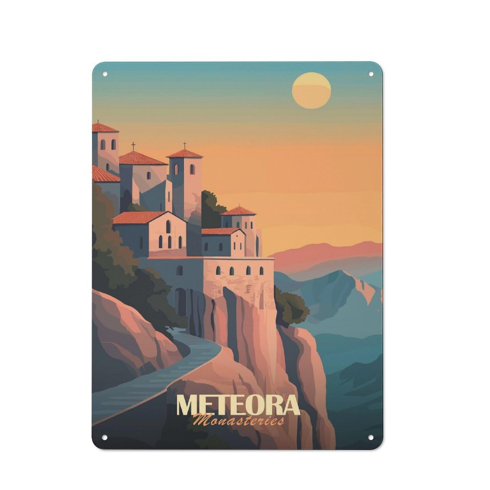 Junmoney Style-24 Meteora Monasteries Decorative Metal Plaque 40X30cm, Shop Front Style Restaurant Wall Art For Coffee Bar, Small Shop Or Dining Room