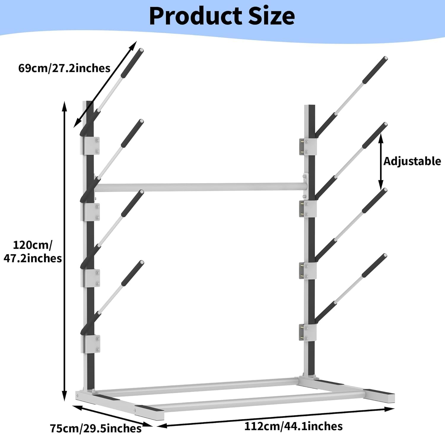 Nisorpa Support de rangement pour kayak à 4 niveaux, support de rangement réglable et autonome pour planche de surf, support de kayak robuste avec tapis en silicone antidérapant et mousse pour