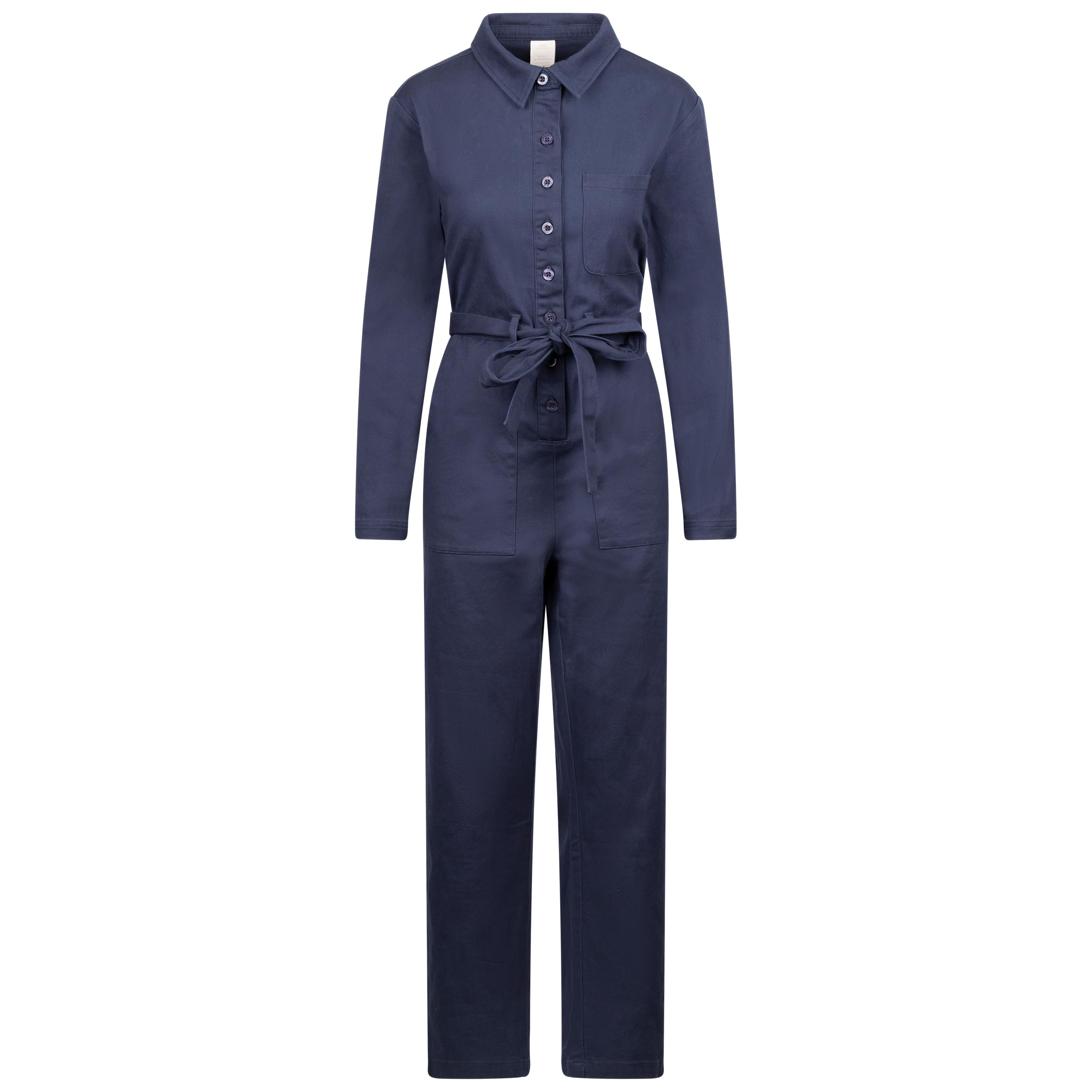 Trespass Women's Navy Jumpsuit Mira - All In One Suit, Full Length, Button Through Front, Fabric Tie Belt, 2 Side Pockets, Woven Tab, 98% Cotton, 2% Elastane