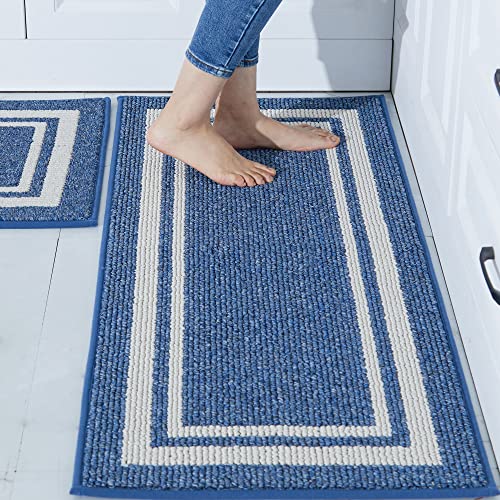 COSY HOMEER Kitchen Rugs Non-Slip 20x30/20x48 Inch Thick Polypropylene Standing Mat for Home Machine Washable, Bule Frame Blue White 20 x 30 "+ 20 x 48 "