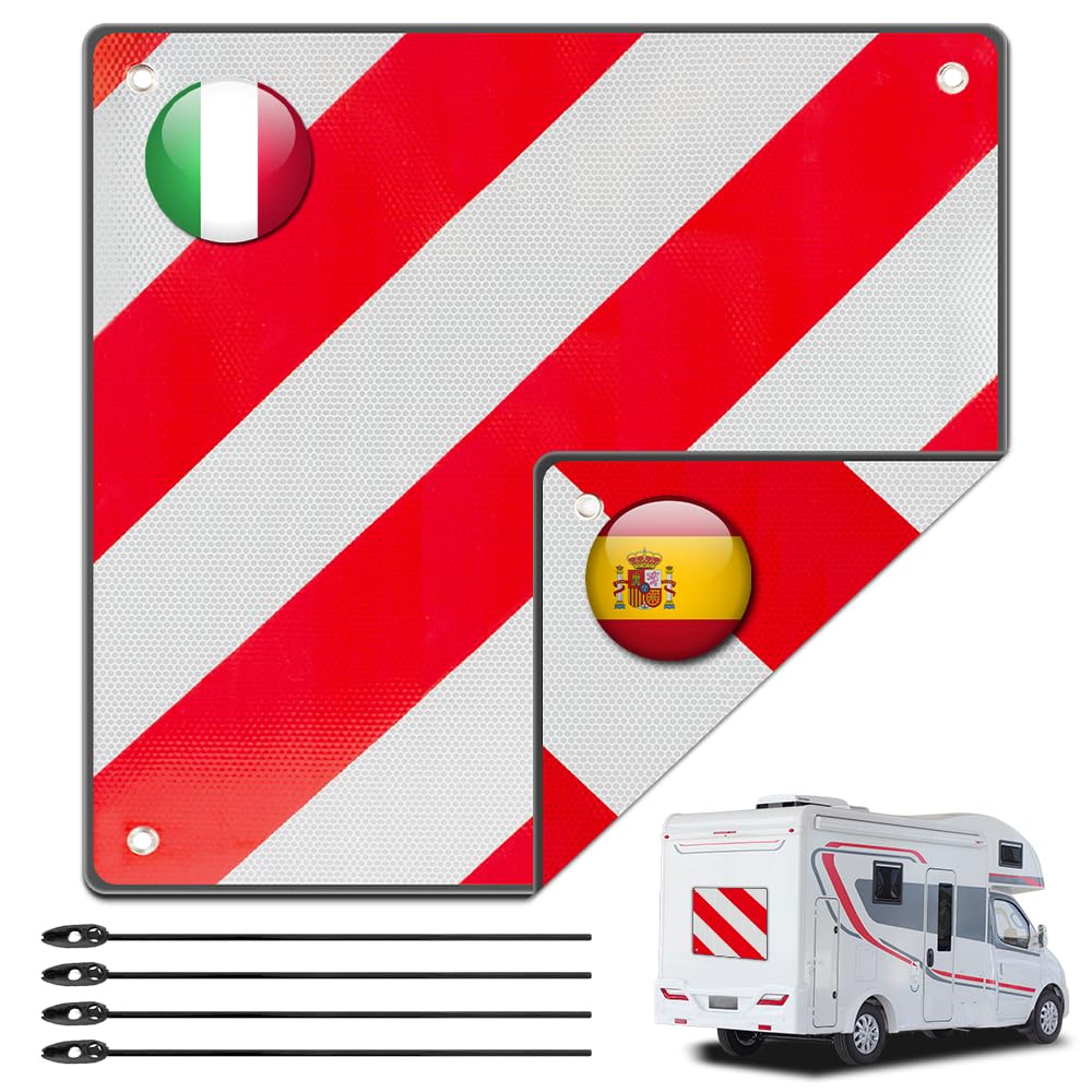 Warntafel Fahrradträger, 2 in 1 Aluminium Warntafel Italien und Spanien mit 4 Spannseilen, 50x50cm Rot Weiß Reflektierendes Warnschild Italien für Fahrradträger Heckanhänger Wohnmobil Auto Anhänge