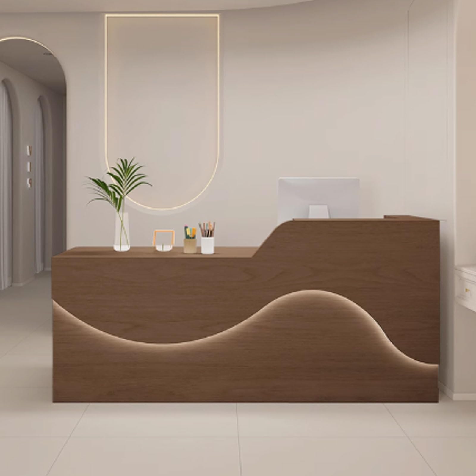 Moderner Empfangstisch, 120 cm, hellbraunes Holz, stilvolle Empfangstheke für Büro & Klinik, entspannende Beleuchtung, elegantes Design für professionelle Räume