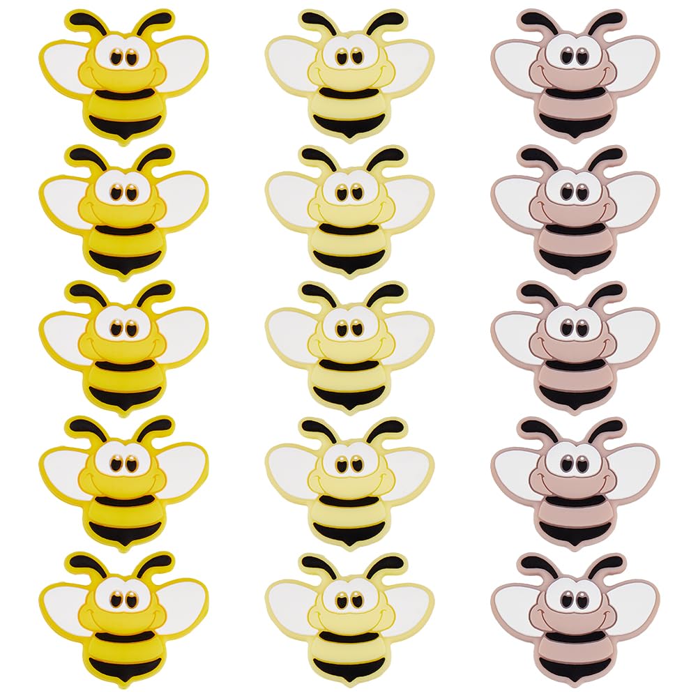 Hobbspring 15Pcs 3D Bee Silicone Beads 3 Colors Honeybee Focal Beads Cartoon Animal Loose Spacer Beads with 2.5mm Hole for Keychain Making DIY Bracelets Necklaces Lanyard Jewelry Making