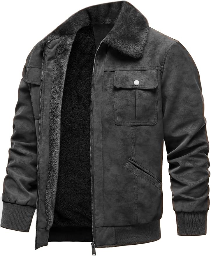 Image of Blaq Ash Men's Faux Suede Bomber Jacket, Fur Collar, Fleece Lining, Full-Zip