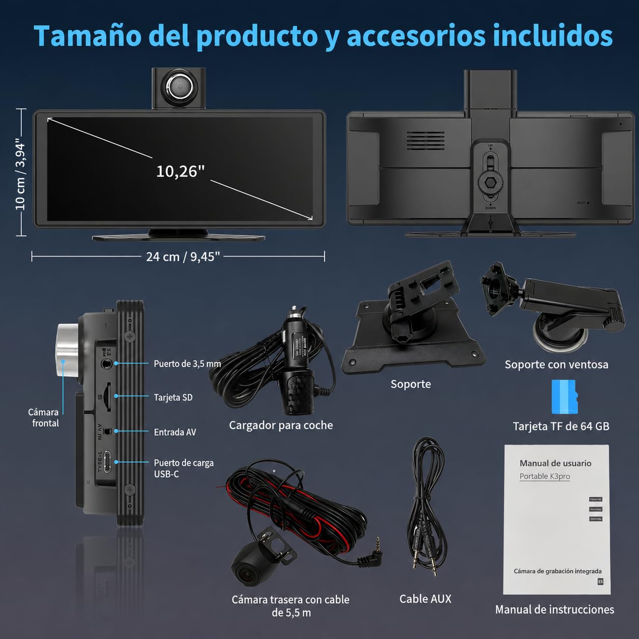 Pantalla CarPlay Coche 10,26", Pantalla Portátil para Coche con CarPlay Inalámbrico y Android Auto, Dash CAM 4K, Admite Cámara Trasera 1080P, IPS Táctil, Mirror Link, BT/FM/AUX, 64GB TF, 12V/24V