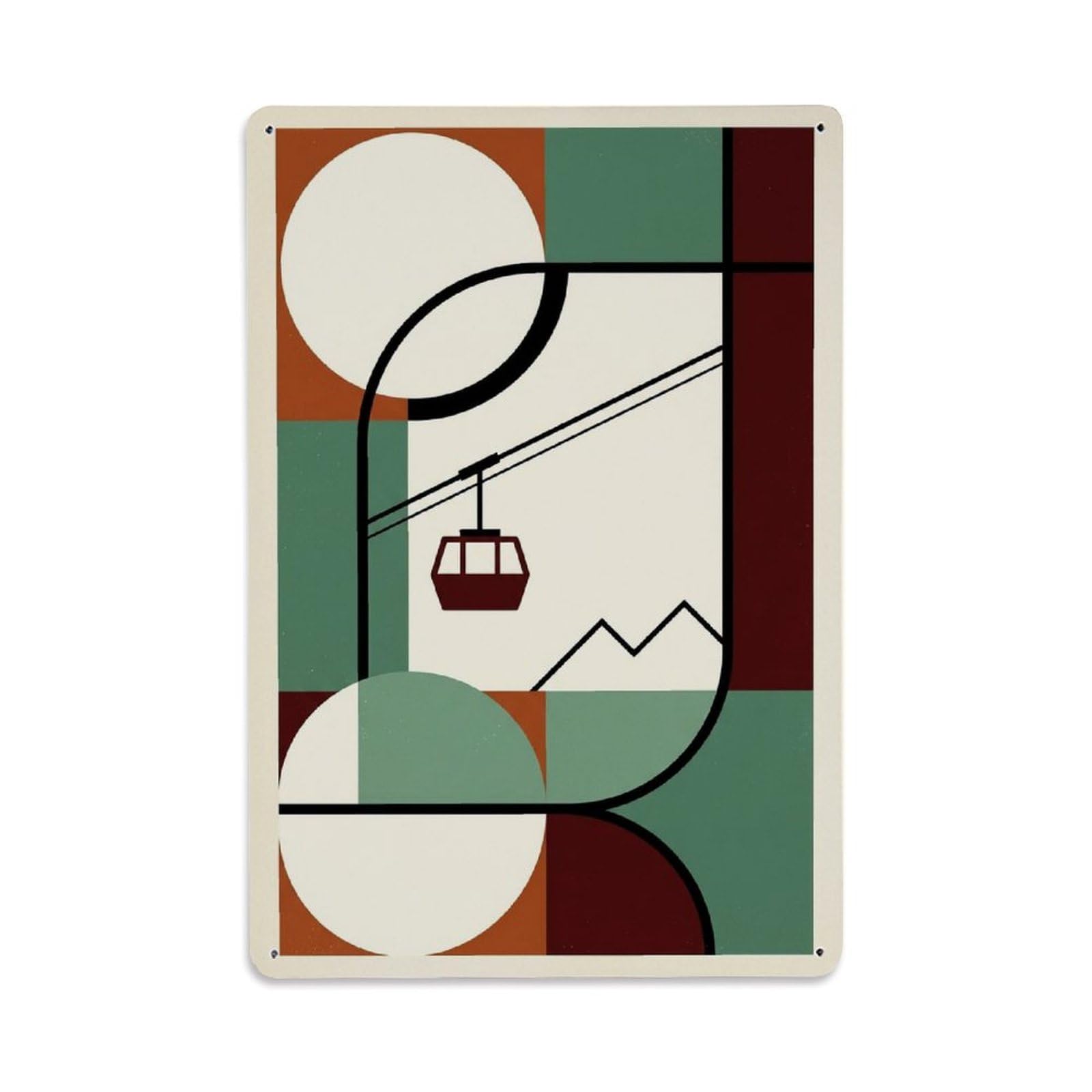 Cream Background Alpine Cable Car Geometric Abstract Metal Tin Sign Plaque Wall Decor for Cafe, Man Cave, Club Bar, Office, Home Garden Round Metal Poster 8x12Inch