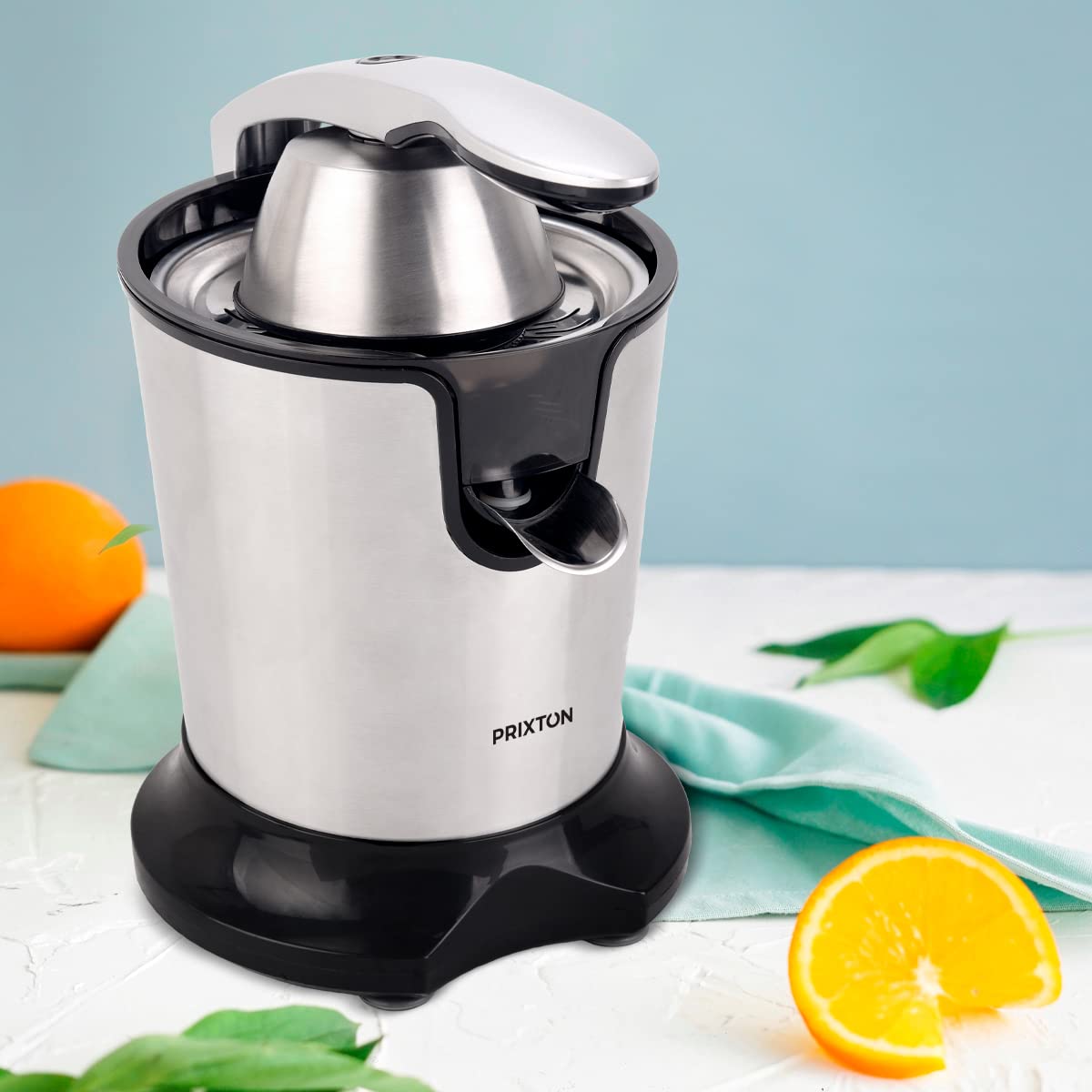 PRIXTON Exprimidor Eléctrico Juicer BIO Potencia 300W Capacidad 270 ml, 2 Conos incluidos, Cuerpo y accesorios en Acero Inoxidable